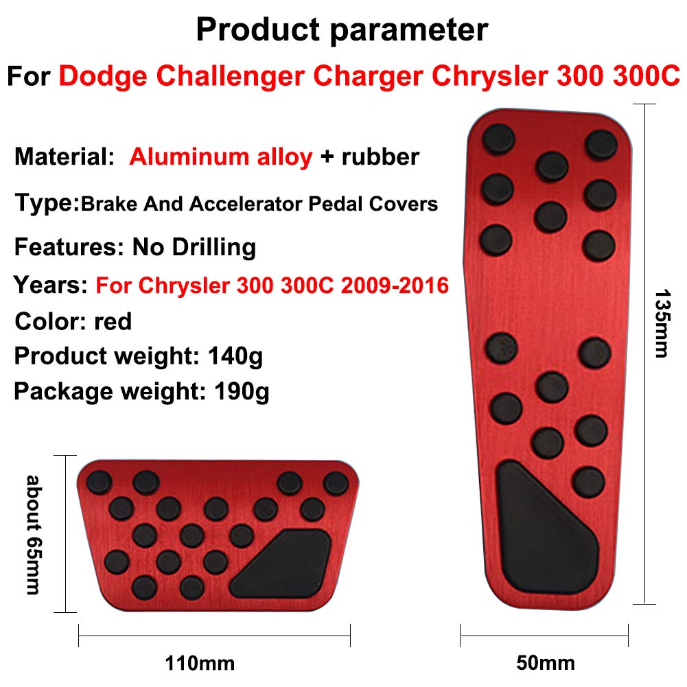 Hecotrax Aluminum Alloy Pedal Cover For Dodge Challenger 2009-2020 Charger 2010-2020 Chrysler 300 300C 2010-2016 No Drilling Aluminum Brake And Accelerator Pedal Covers (Red)
